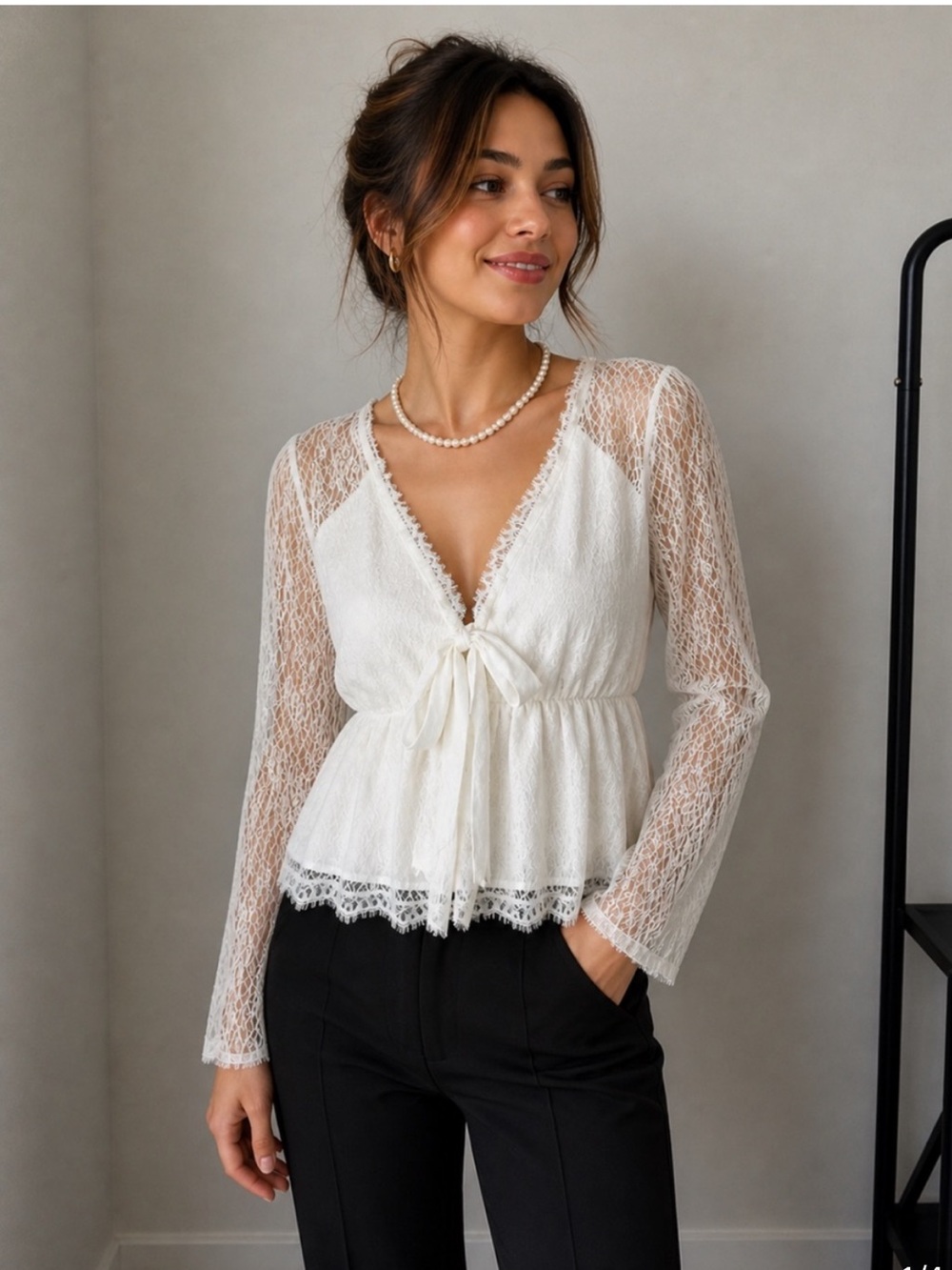 White Lace Peplum Fairy Blouse Size XL Sheer Long Sleeve Tie Front Regency Top - Picture 3 of 5